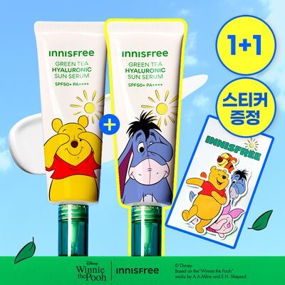 【Olive Young 直送】INNISFREE 綠茶玻尿酸鎮靜水感防曬精華 50ml×2（1+1企劃・Winnie the Pooh聯名・附貼紙）